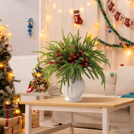 2PCS Christmas Norfolk Pine Branches with Red Berry Stems, 13.77" Artificial Greenery Norfolk Pine Stems Sprigs, Fake Foliage Pine Needles Picks for DIY Craft Garland Home Decoration