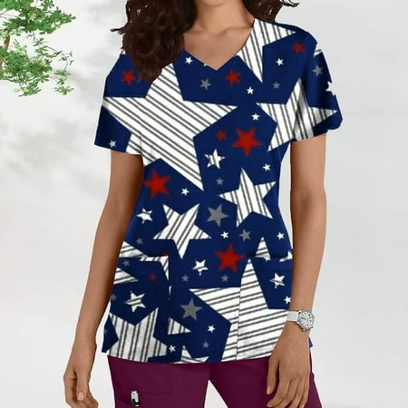 

RKSTN Nursing Scrub Tops for Women 4th of July Summer Tops for Women V Neck Tops for Women Independence Day Print Womens Tops on Clearance