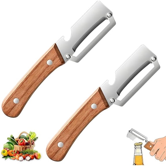 Premium Vegetable Peeler with Wooden Handle and Bottle Opener, 2-in-1 Multi-Functional Stainless Steel Blade Kitchen Tool, Handheld Fruit Peeler for Apple,Potato,Papaya,Carrot,Zucchini