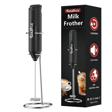 Soulfox Handheld Electric Milk Frother with Stand,Battery Operated Automatic Whisk Foam Maker,Black