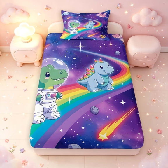 Manfei Space Astronaut Dino Animals Twin Fitted Sheet,Neon Stars Rainbow Bedding,Blue Pink,2 Pieces,1 Fitted Sheet and 1 Pillowcase