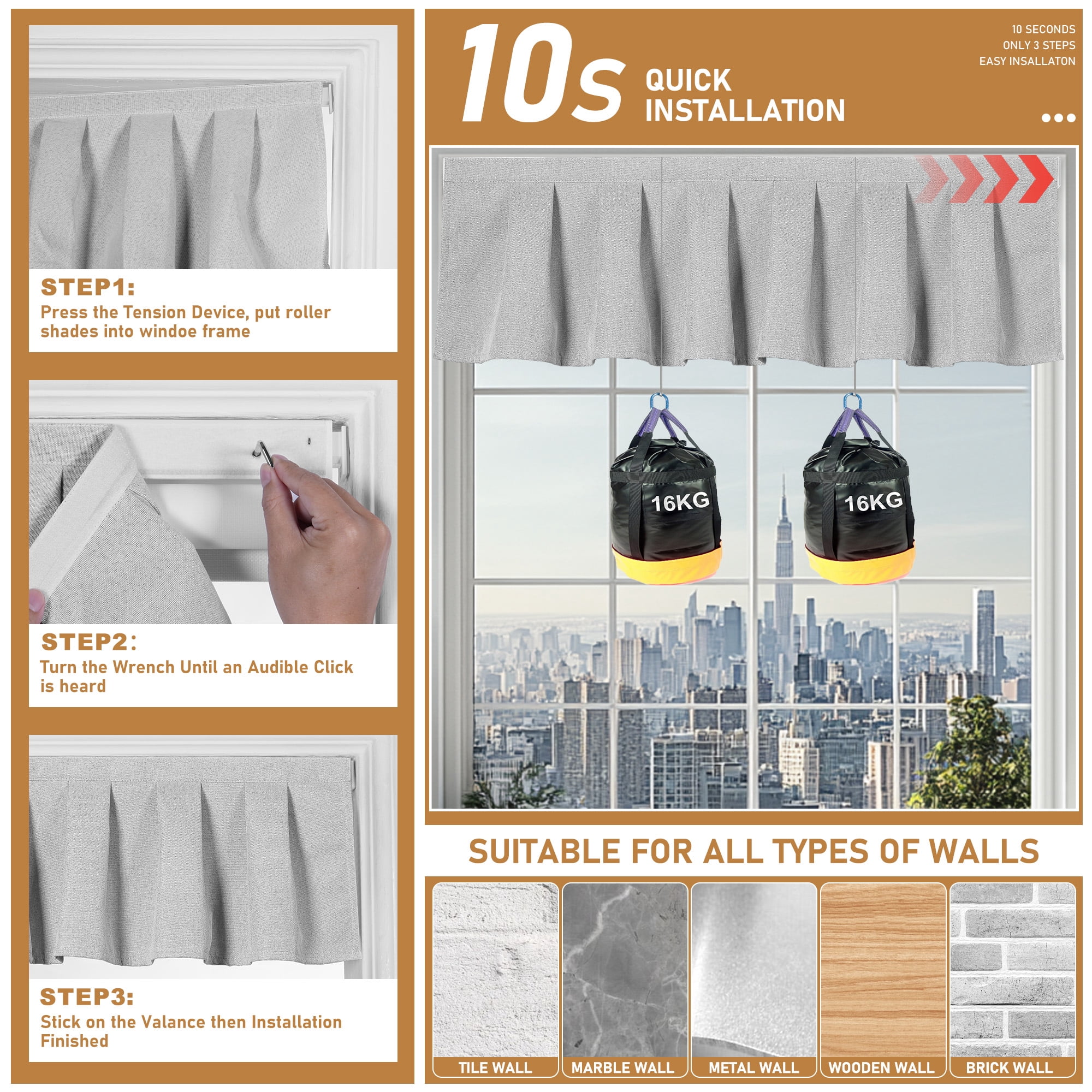 BERISSA No Drill Blinds for Indoor Windows, Blackout Roller Shade With Valance, Room Darkening Noise Reduction Thermal Insulation Roller Blinds for Office and Home,Easy to Install,34"W X 56"H,White