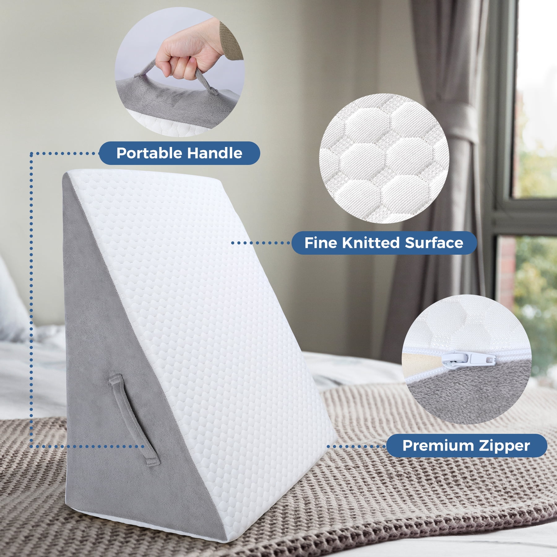 Bed Wedge Pillow, Soft Foam Triangle Pillow for Sleep Apnea, Acid Reflux, Snoring, 12Inch Leg Elevation, Back Support for Sitting Up in Bed, Incline Cushion for Sleeping, Reading, White/Grey