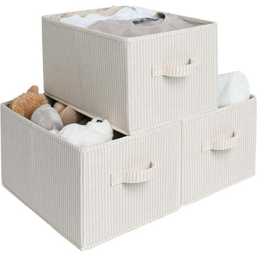 Storage Baskets for Shelves, Foldable Fabric Closet Storage Bins with Handles, Fabric Storage Bins Clothes Organizer, Beige Stripes, 3-Pack, Medium
