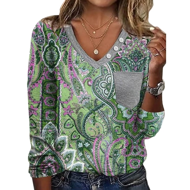 Camiseta de mujer con cuello en V, camiseta étnica, blusa tipo túnica de moda, jersey de mujer, Tops sueltos de manga larga
