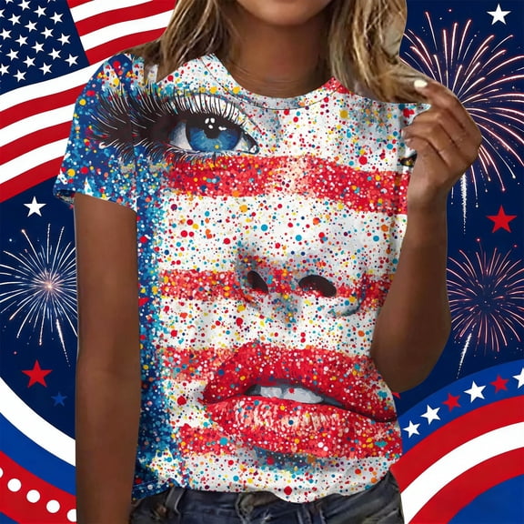 Vetsdori Womens Summer T Shirts American Flag 4th of July Pullover Red White and Blue Casual Crew Neck Red White and Blue , Graphic Independence Day Tops for Women Fashion