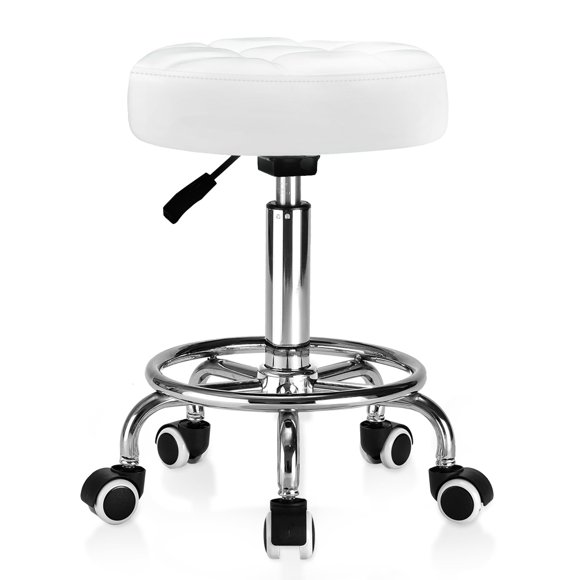 Taburete con ruedas redondo de cuero de PU - Taburete con cojín de asiento acolchado ultra suave con ruedas con reposapiés Capacidad de peso 300 lb Taburete de altura ajustable para salón de masajes d