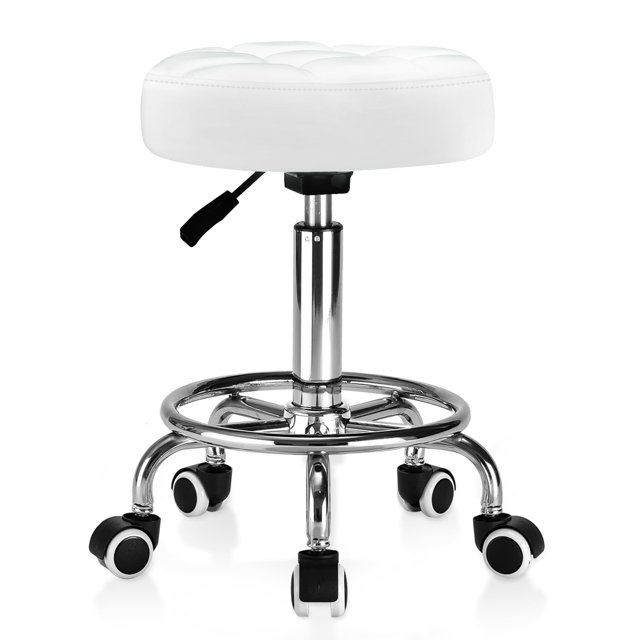 Taburete con ruedas redondo de cuero de PU - Taburete con cojín de asiento acolchado ultra suave con ruedas con reposapiés Capacidad de peso 300 lb Taburete de altura ajustable para salón de masajes d