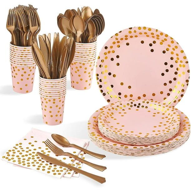 210 Piece Golden Dot Disposable Party Dinnerware Set 30 Guest Pink
