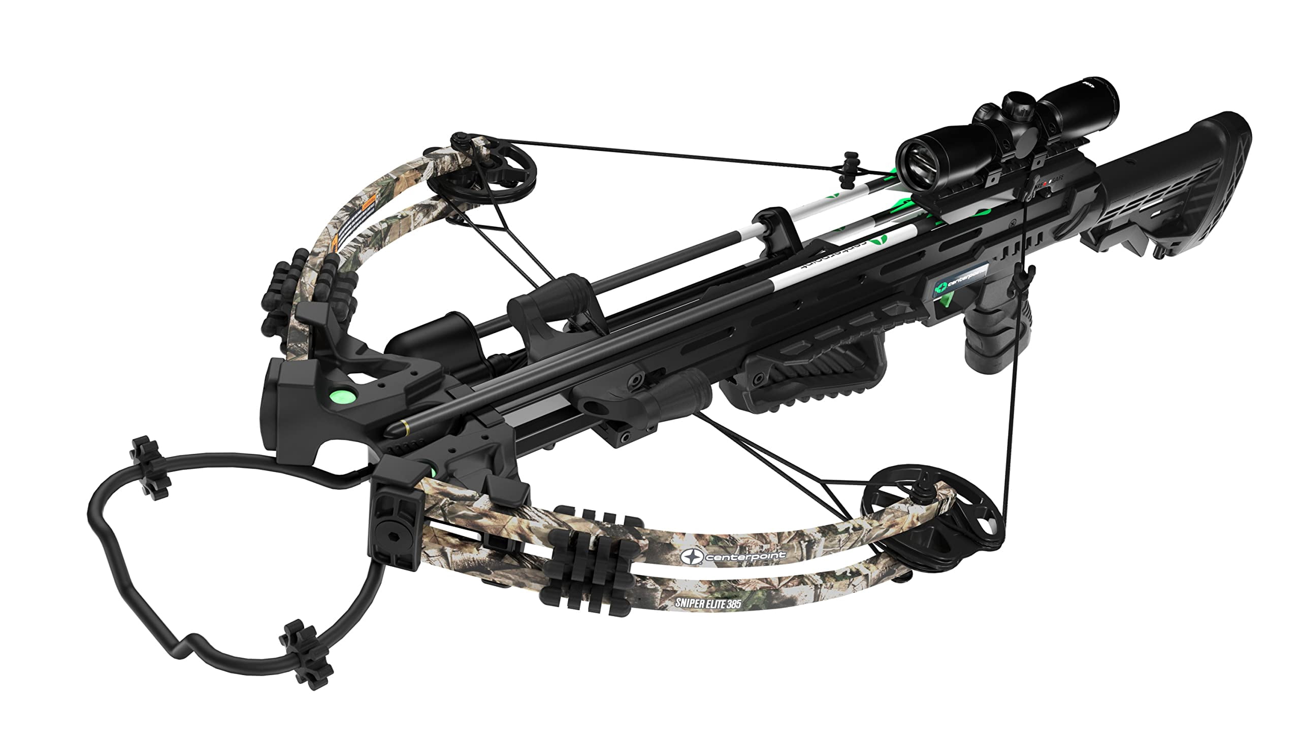 CenterPoint Sniper Elite 385 FPS Crossbow with 4x32mm Scope with Detachable Quiver, (Black/Camo)