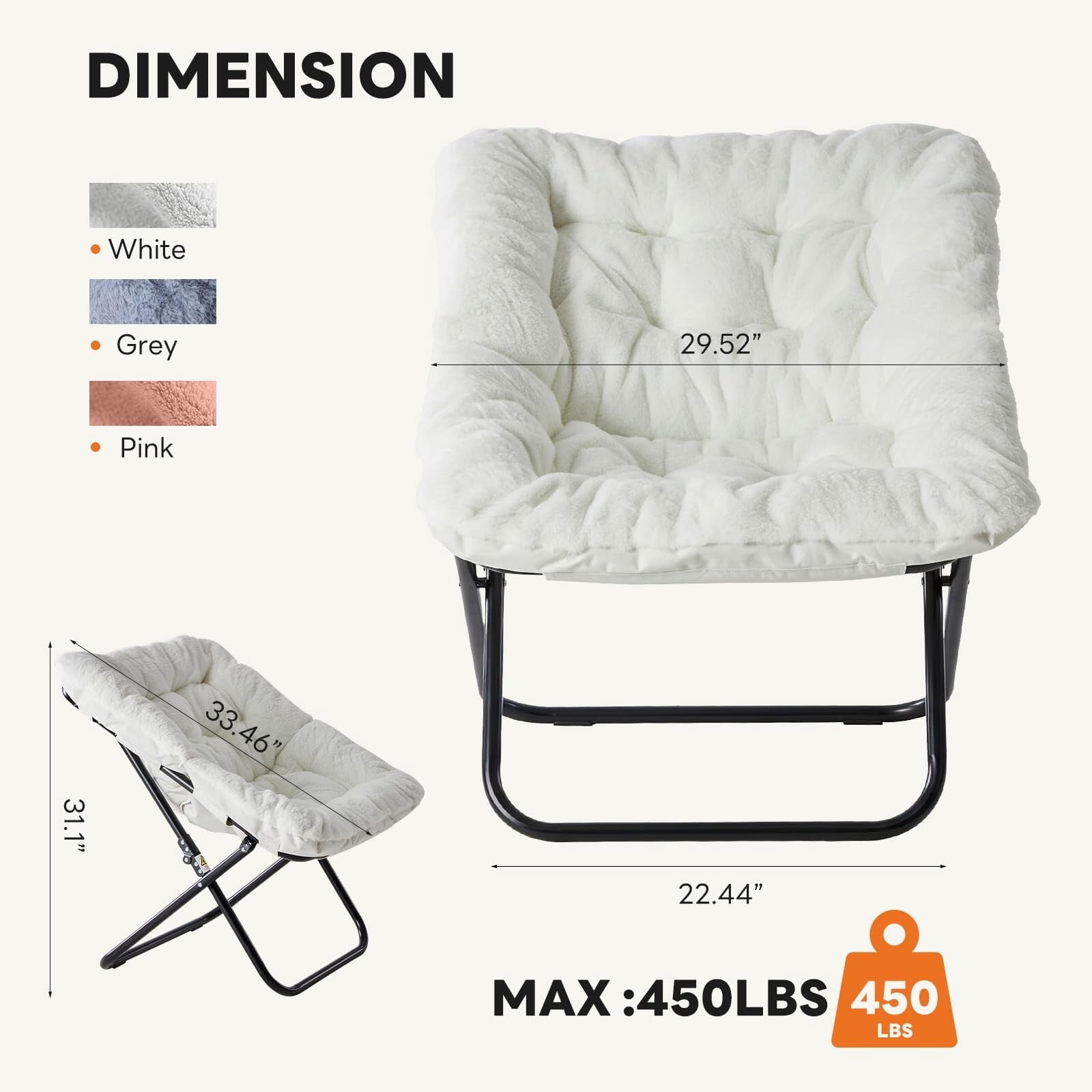 Kelno Faux Fur Folding Lounge Chair 450lb Capacity Foldable Comfy Chair Soft Plush Reading Chair, White
