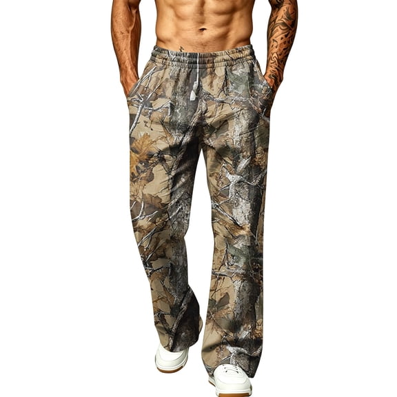 LTTVQM Men's Casual Outdoor Camo Trousers Hill Forest Camo Adjustable Waistband Loose Fit Hiking Wide Leg Full Length Trousers Camel XL