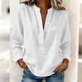 thumbnail image 2 of LEKWK Linen Long Sleeve Shirt Women Relaxed Fit Split V Neck Tunic Tops Pullover Style Blouses & Button-Down Shirts Plain Layering Outfits, 2 of 5