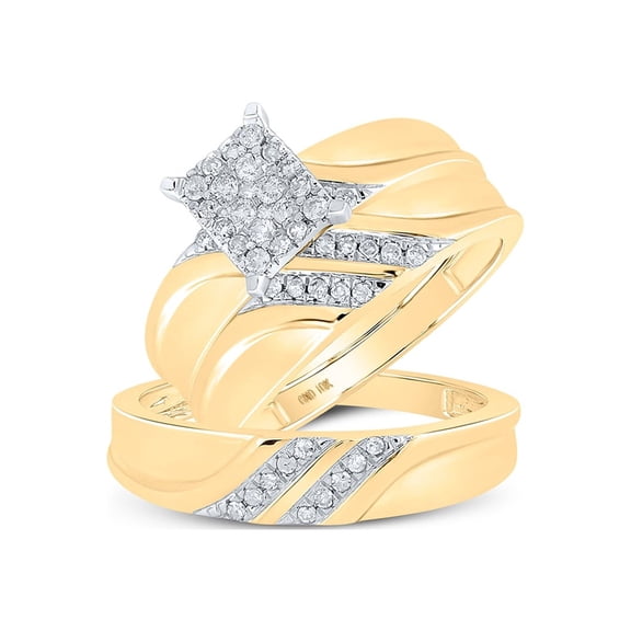 10k Yellow Gold Diamond Cluster Matching Trio His Hers Wedding Ring Band Set 1/3 Cttw