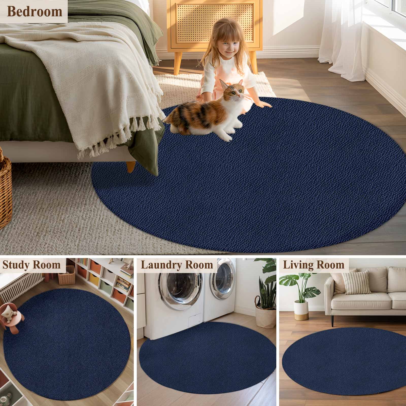 Solid Dark Blue Round Rug 5ft Washable Circle Kitchen Rugs Non Slip Minimalism Abstract Denim Texture Large Area Rug Indoor Floor Carpet for Bedroom Living Room Home Office Dining Room Nursery