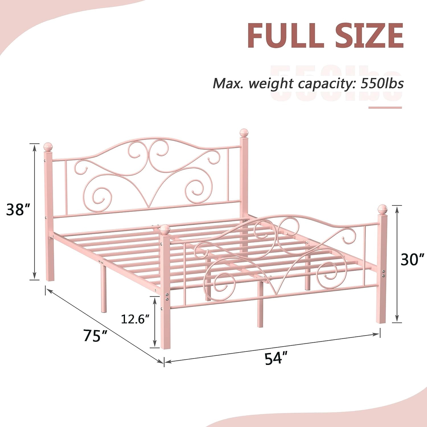 VECELO Full Size Bed Frame with Butterfly Shaped Headboards and Footboard, Metal Platform Bed Frame/Mattress Foundation, No Box Spring Needed, Easy Assembly, Pink