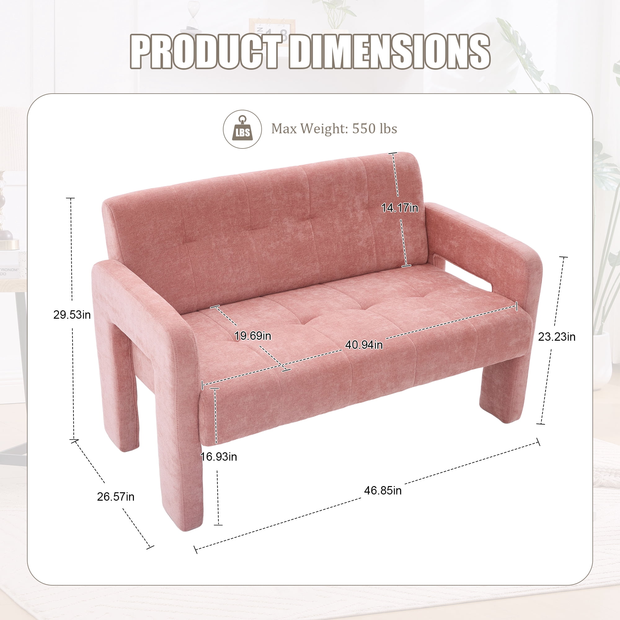 MOONMISS Chenille Upholstered Tufted Comfortable Wood Frame Loveseats Sofa with Dual Armrests-Pink