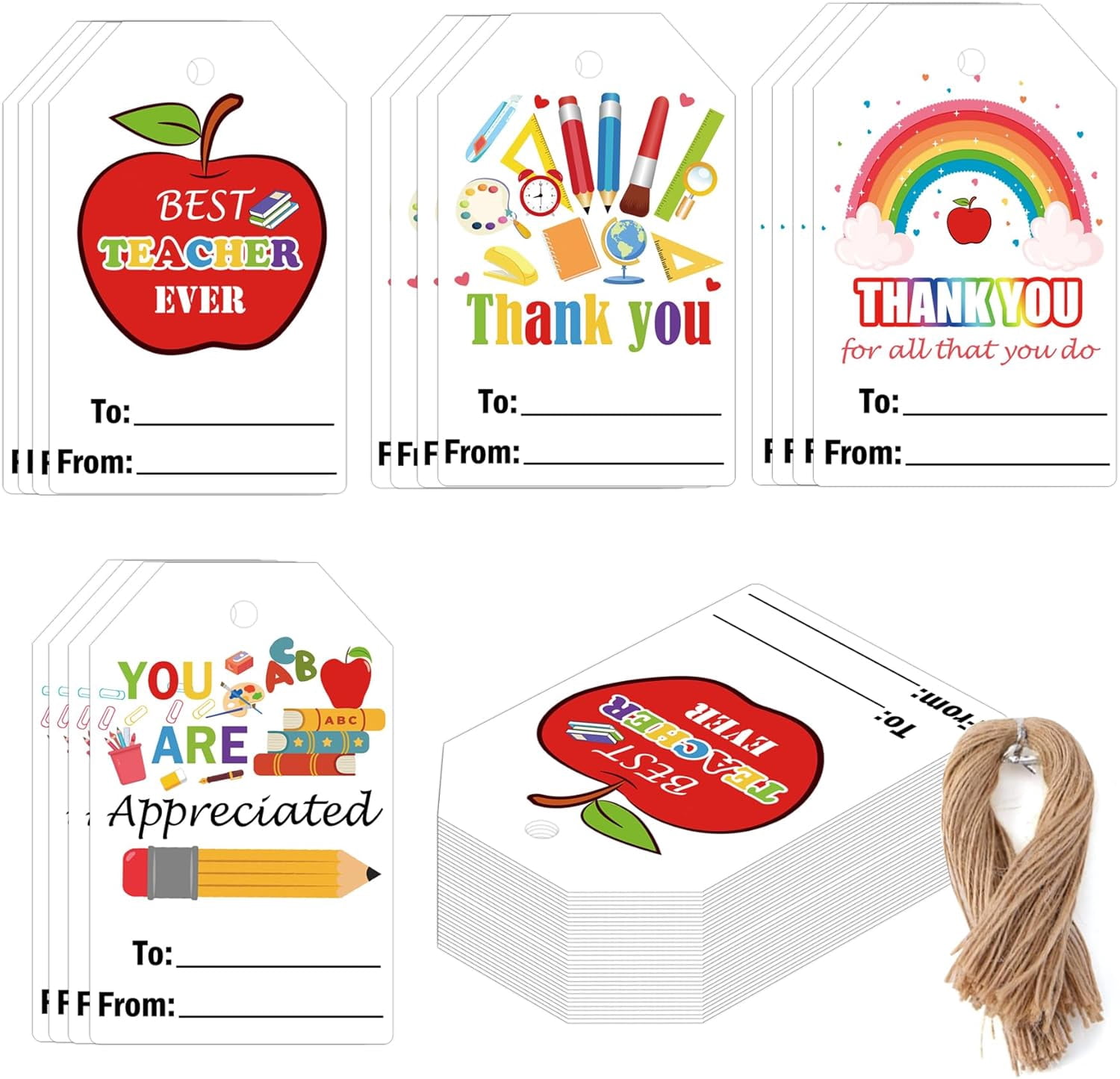 50pcs Teacher Appreciation Gift Tags with String 3.3x2.2 inch Colorful  Thank You Teacher Presents Tags Teachers Day Name Gift Tags, image size:1500x1445