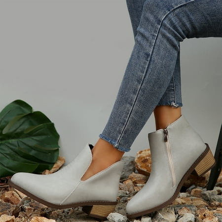 

Weloille Leather Casual Ankle Boots Short Boots Pointed Toe French Chunky Heel Solid Color Women s Boots Waterproof Low Heel Zipper Ankle Boots Leather Boots