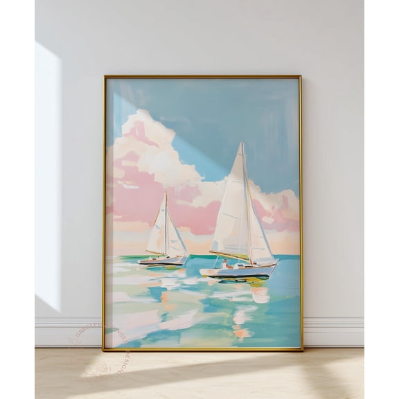 Sailboats At Sea Print, Coastal Pastel Ocean Art Home Decor #2288, Unframed Poster Size 8x12