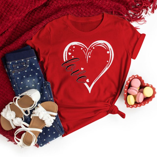 Hot Sale!! T-Shirts Graphiques de la Saint-Valentin pour Femmes Manches Courtes Chemises Imprimées Cœur Blouse Tops Rouge + TTG