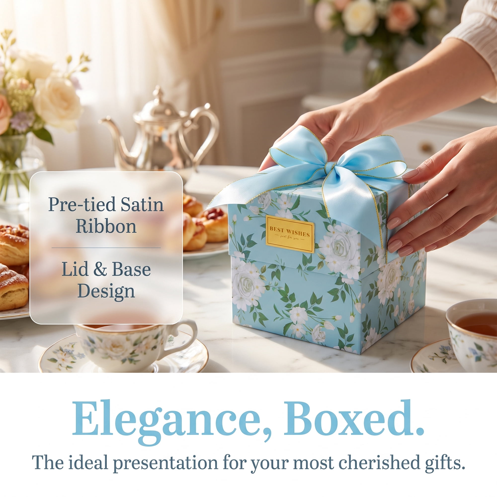 Unique Bargains 2Pcs Floral Ribbon Multifunctional Gift Box Blue 4.7" x 4.7" x 4.7"