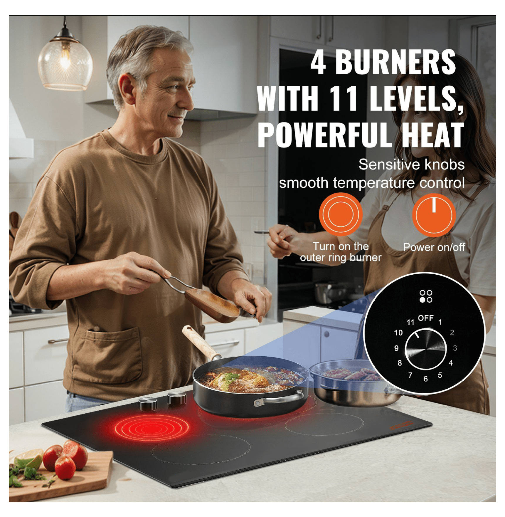 Electric Cooktop 4 Burners 23.2x20.5 inch, Ceramic Radiant Cooktop Built-in, 6000W Professional Stove with 11 Level Control, Stainless Steel