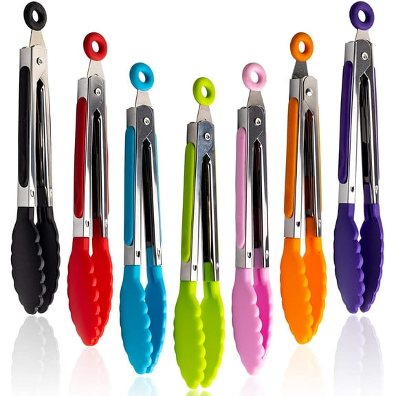 Mr.EV 7Pack Kitchen Tongs Set 7-Inch Color Mini Small Food Tongs with Stainless Steel Silicon Handles and Nylon Tips Heat Resistant Tongs for Cooking,Serving,BBQ,Grilling, Salad and More (Multicolor)