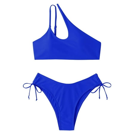 Ovticza Women s Bikini Sets Two Piece Swimsuit One Shoulder High Waisted Cutout Tummy Control Summer Solid Tie Side Bathing Suit Blue L