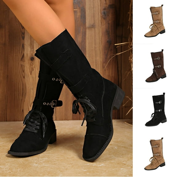 Juebong Cowboy Boots for Women Western Cowgirl Boots with Chunky Heel Suede Lace Up Buckles Mid Calf Boots Coffee,39