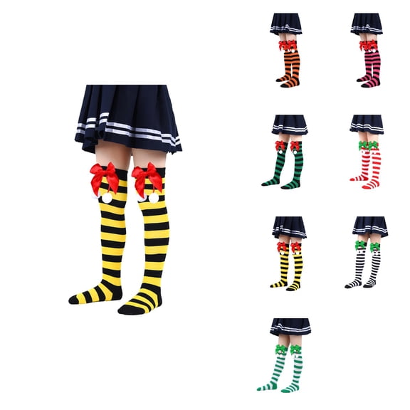 Kids Christmas Socks, 2 Pairs Warm Knee High Long Striped Over the Knee Stockings with Bow for Boys Girls