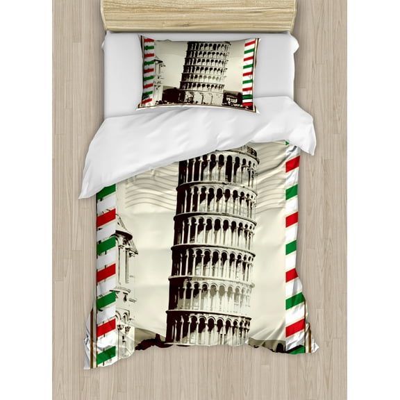 Italy Duvet Cover Set Twin Size, Pisa Tower in Pastel Tones Ancient Architecture European Landscape, Decorative 2 Piece Bedding Set with 1 Pillow Sham, Green Pale Green Vermilion, by Ambesonne