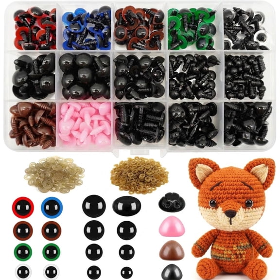 560Pcs Doll Plastic Safety Eyes and Noses with Washers in Crafts for Crochet Stuffed Animals Multicolor Round & Oval (6-14mm)
