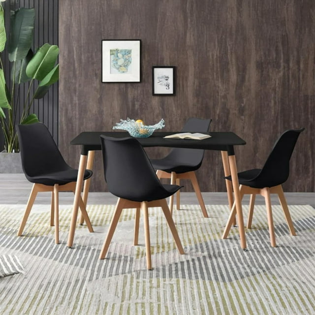 Comedor Krona para 4 Personas con Mesa Negra y Sillas Escandinavas con Asiento Acolchado
