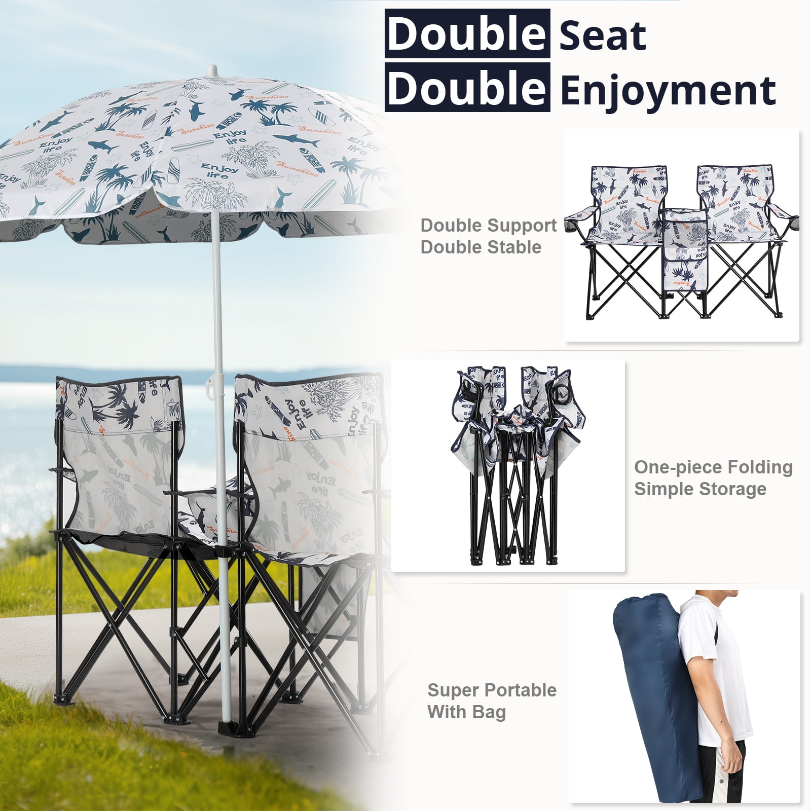 Ktaxon Camping Loveseat Chair, Folding Double Outdoor Chair with Removable Sun Umbrella & Carrying Bag, Double Chairs with Cooler Bag for Lawn Fishing Outdoor, Coconut Tree