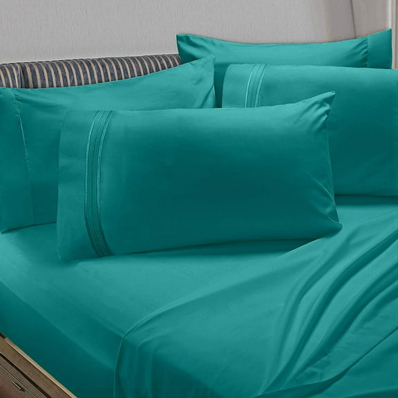 6 Piece 1800 Collection Bed Sheet Set with Extra Pillowcases, Deep Pockets Fitted Sheet, 100% Soft Microfiber, Hypoallergenic, Cool & Breathable, Flex-Top King, Teal