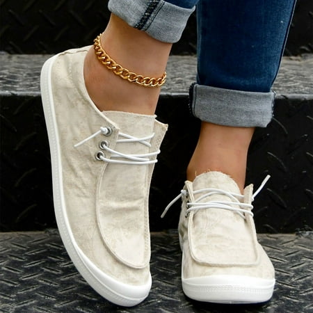 

Women‘s Lace Up Flat Canvas Shoes Solid Color Comfortable Slip On Round Toe Loafers Casual Low Top Sneakers