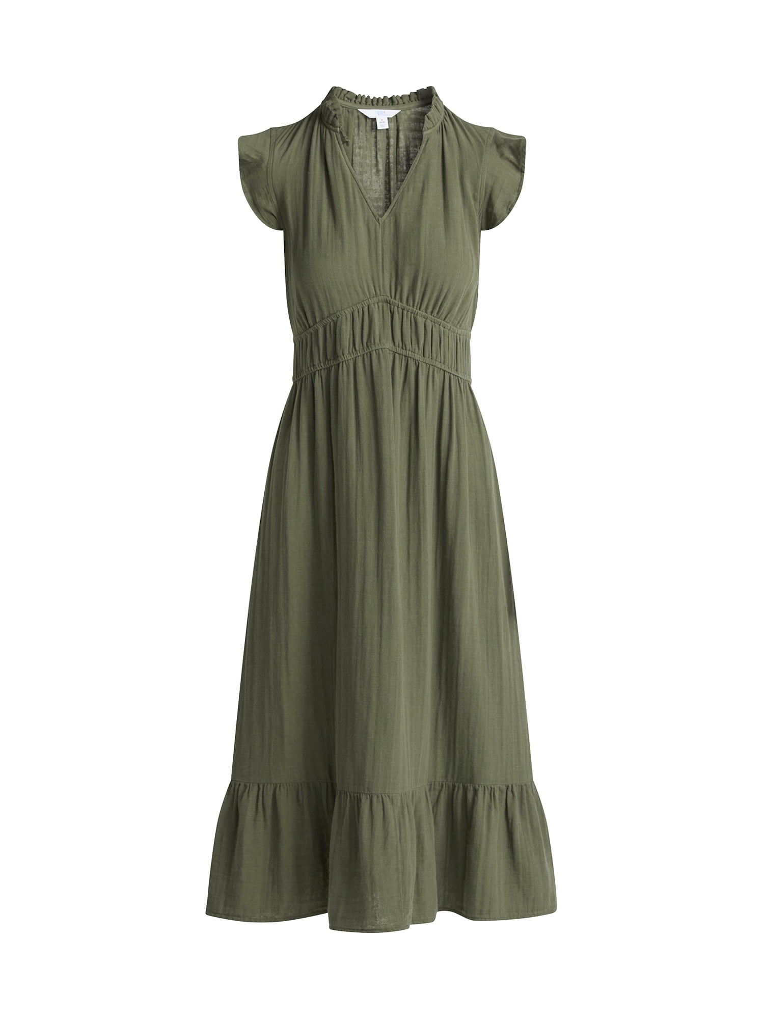 Time and Tru Women's Double Cloth Cotton Midi Dress with Flutter Sleeves, Sizes XS-XXXL