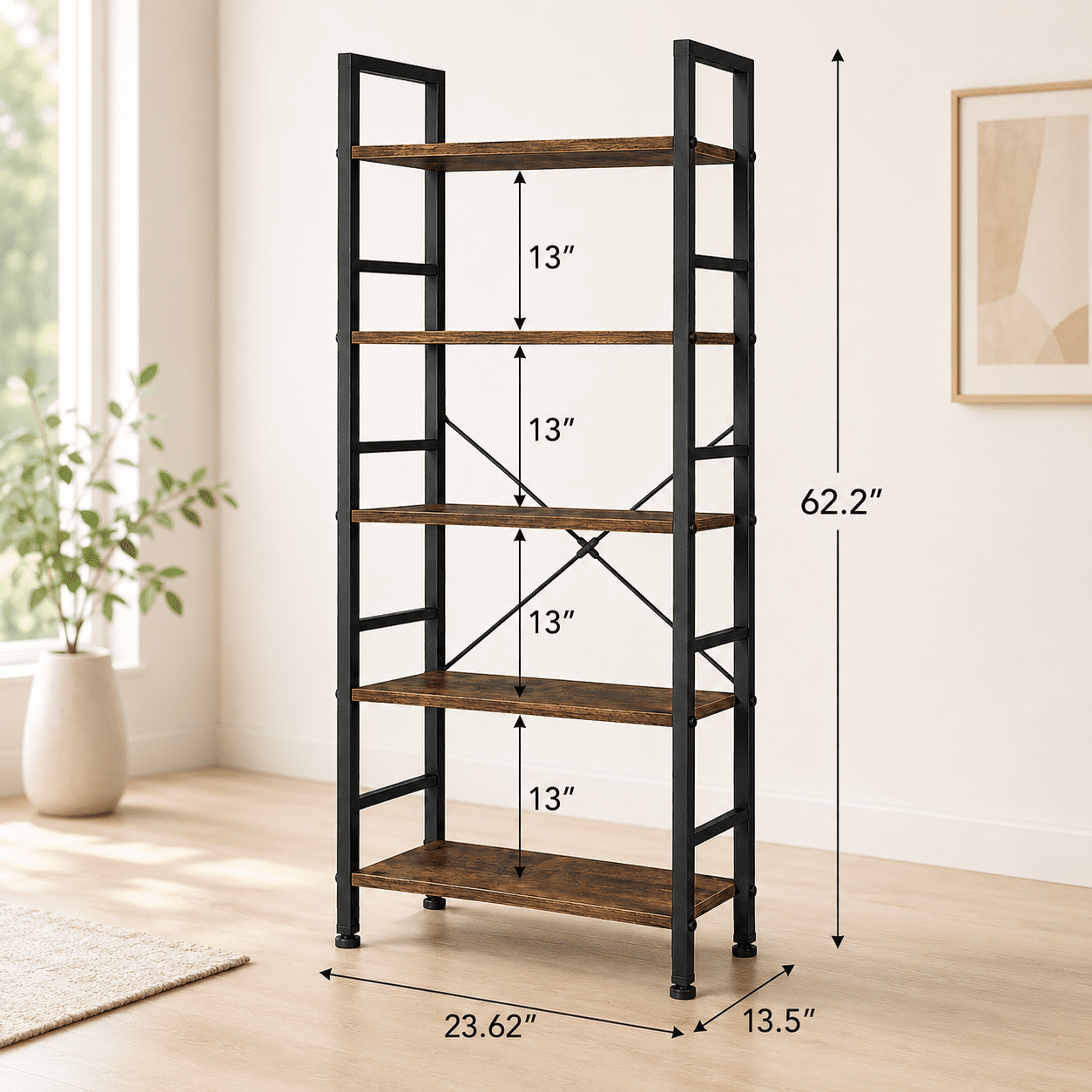 Adjustable 5-Tier Storage Shelving Unit 62 & 72 Inch Bookshelf Organizer for Home Office Living Room,