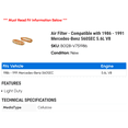thumbnail image 2 of Air Filter - Compatible with 1986 - 1991 Mercedes-Benz 560SEC 5.6L V8 1987 1988 1989 1990, 2 of 2