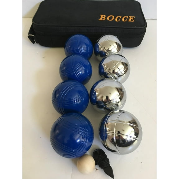 BuyBocceBalls Listing -73mm Metal Bocce/Petanque 8 Ball Set with 4 Silver and 4 Blue Balls and Black Bag