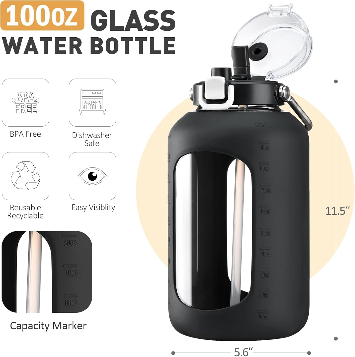 84oz Water Bottle Glass with Stainless Steel Handle Large 2.5l Water Bottle with Time Markers and Silicone Sleeve Half Gallon Water Jug BPA Free for Gym Daily Use