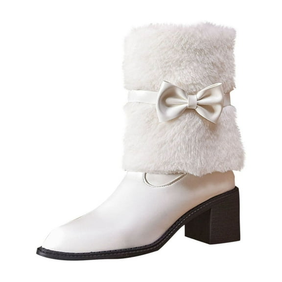 T-889 White Womens Warm Ankle Short Boots Pointed Toe Bowknot Chunky Mid Heel Round Casual Winter Comfortable Fashion Street Style Booties