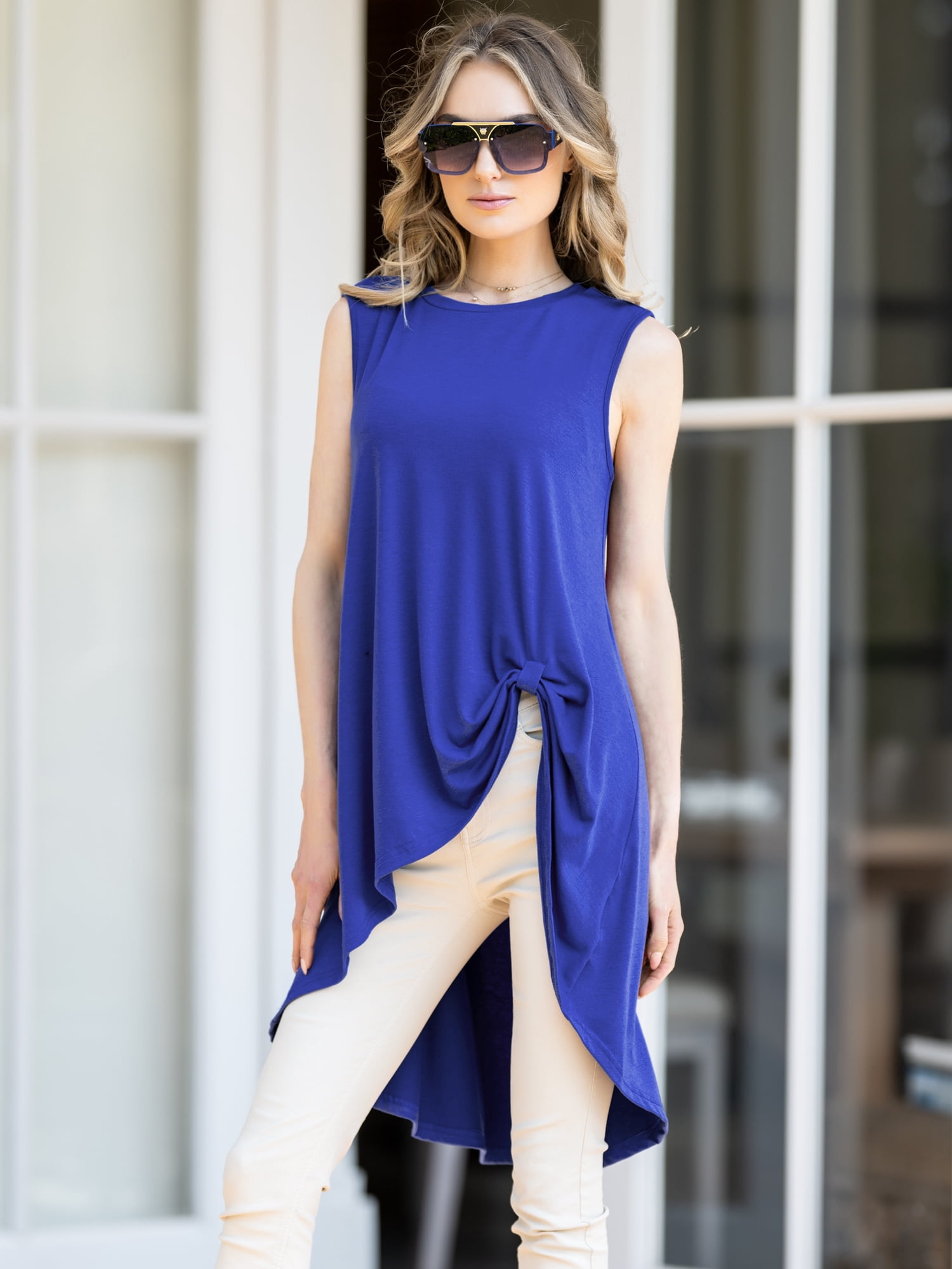 DARING DIVA Women's High Low Hem Crew Neck Sleeveless Tunic Top Royal Blue S