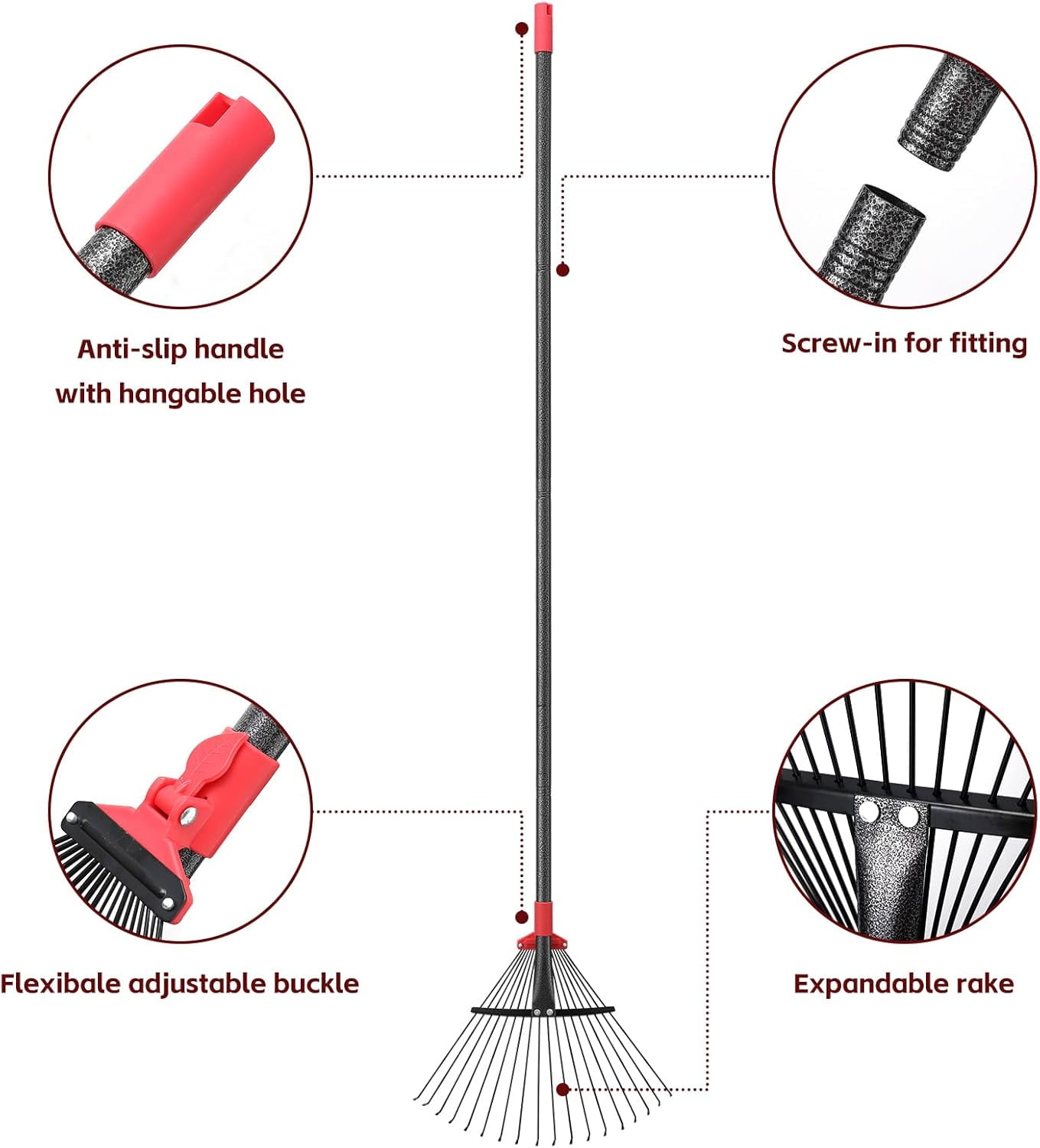 AEASKIEY Adjustable Leaf Rake with Expandable Head 8-17'', 60'' Long Handle Garden Rakes for Lawns, Heavy Duty for Gardening RV Camping, Red
