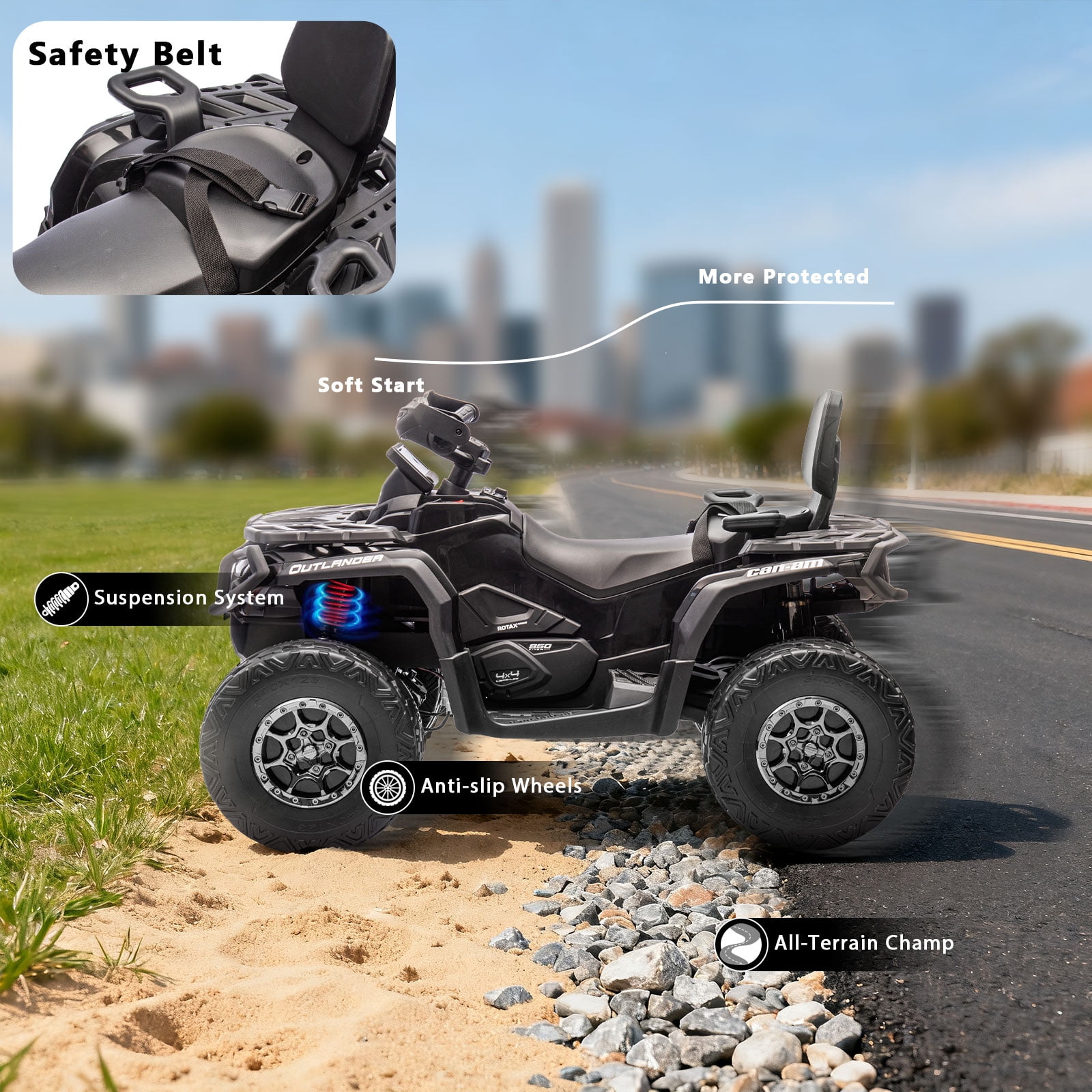 Kerry Yoo SAT5 24V Kids ATV, Licensed Can-am 4 Wheeler for Kids, Children Electric Car,  2 Seats, Parental Handle, Suspension, Safety Belt, Music-Black