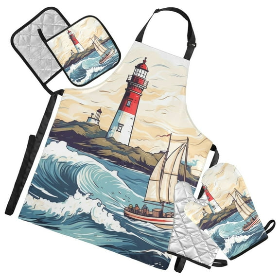 Lighthouse Ship Sea 5 Pcs Kitchen Set Heat Resistant Oven Mitts and Non-Slip Pot Holders with Adjustable Cooking Apron