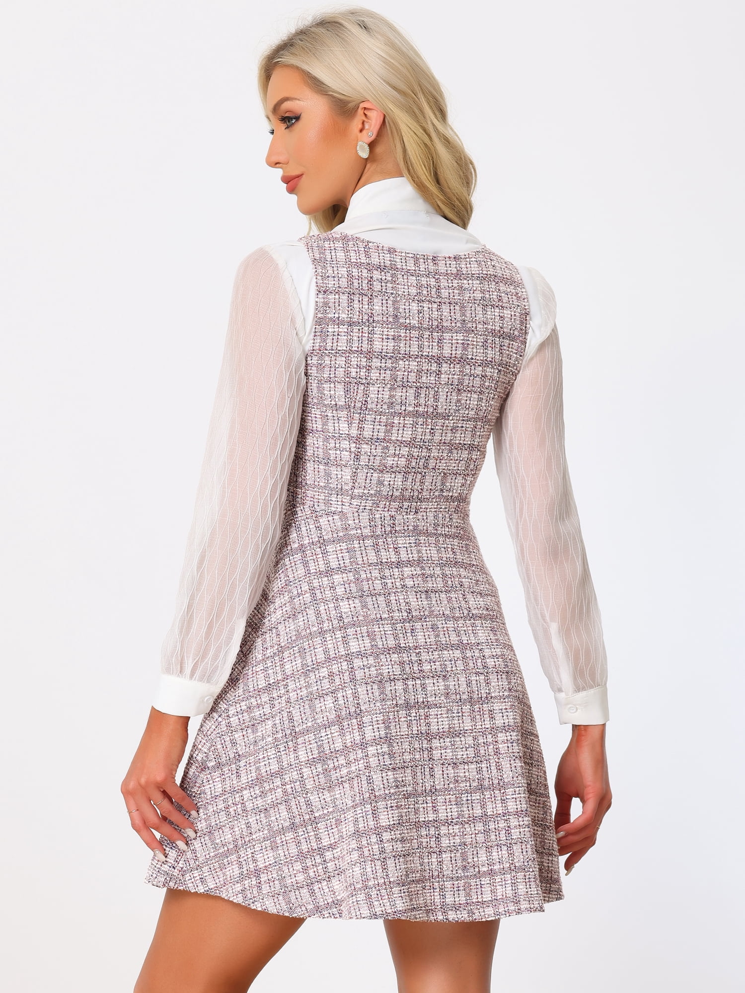 DARING DIVA Sleeveless Square Neck Button Plaid A-Line Tweed Dress M Pink