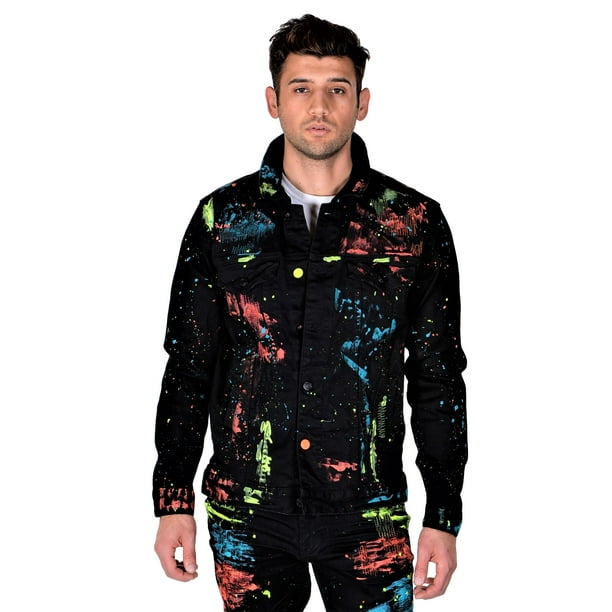 Smoke Rise Smoke Rise Men's Neon Paint Splatter Denim Jacket Black