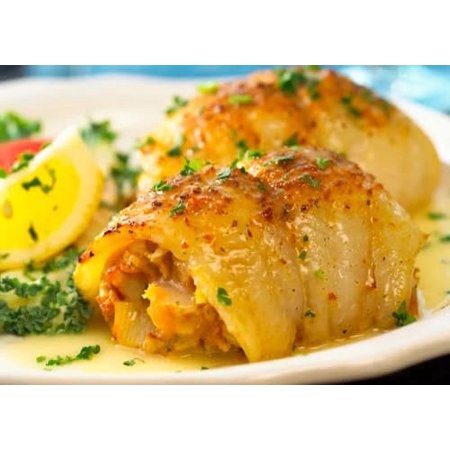 New York Steak & Seafood Stuffed White Sole Fillets - Premium White Sole Fillets Stuffed with a Delicious Blend of By Scallops, Atlantic Rock Crabmeat and Bread Crumbs (16 Stuffed Sole 5 oz.)